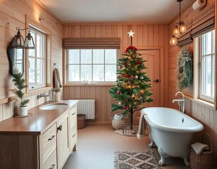 Cozy bathroom with Christmas tree, clawfoot bathtub, ceramic, luxury bathroom design, window