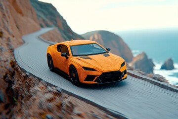 Obraz premium Orange Sports Car Coastal Drive Luxury Vehicle on Scenic Road