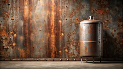 Naklejka premium Rustic Industrial Metal Tank Against Weathered Wall Background