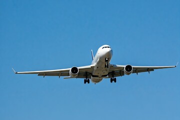Fototapeta premium Airplane flying against a clear blue sky.
