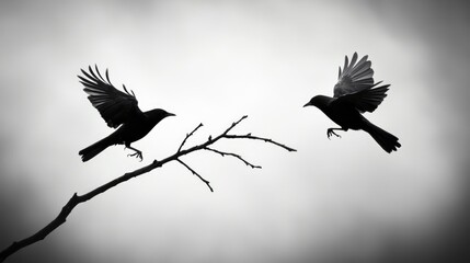 Obraz premium Two birds take flight from a bare branch against a moody, monochromatic sky, creating a striking silhouette in this serene, nature-inspired scene.