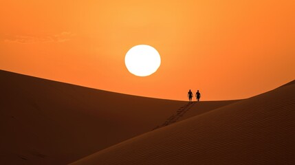 A breathtaking sunset over sand dunes, with two silhouettes walking together, capturing the beauty and tranquility of nature.
