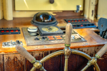 Old boat steering wheel closeup