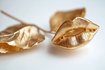 Naklejka premium Golden lips on white background