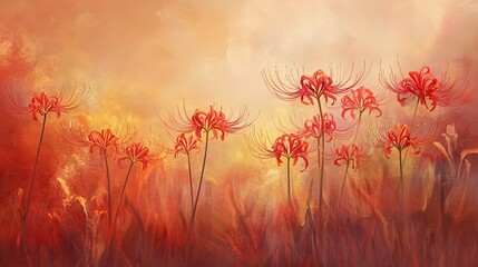 Red Spider Lily Flowers in Autumn Landscape Painting