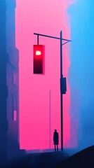 Man standing near traffic light in foggy urban setting with vibrant pink and blue hues at dusk