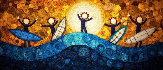 Joyful Surfers on Colorful Ocean Waves Sunset Yarn Art