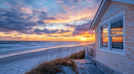 beachfront cottage with pale brick siding, offering panoramic views of the ocean at sunset
