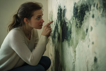 Obraz premium Shocked Woman Looking At Mold On Wall