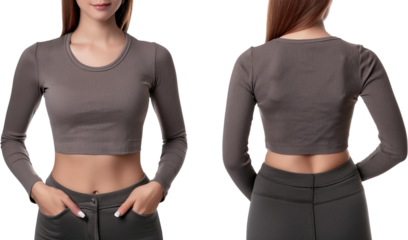 Women s Grey Ribbed Crop Top Long Sleeves Front Back View Fashion Apparel