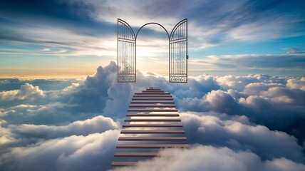 In the clouds, a gate and stairway represent paradise.
