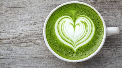 A beautifully crafted matcha latte with a heart design, resting on a rustic wooden surface.