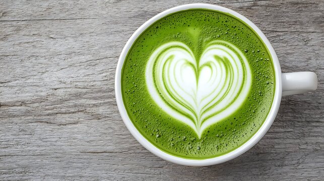A beautifully crafted matcha latte with a heart design, resting on a rustic wooden surface.