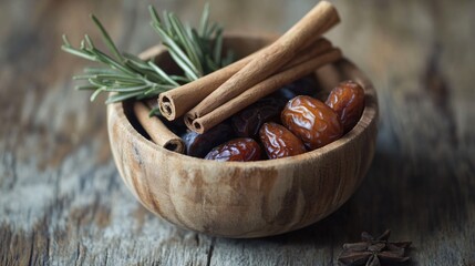 A wooden bowl filled with dried dates, cinnamon sticks, and a sprig of rosemary on a weathered surface