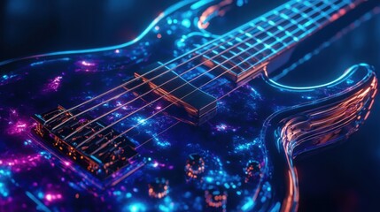 Naklejka premium Electric bass guitar with holographic strings, close-up view, blue and purple lights, futuristic, detailed