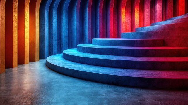 Dynamic presentation stage with floating podium modern art gallery digital art vibrant colors low angle view innovative design concepts