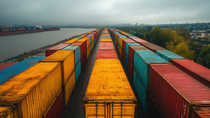 Cargo containers stacked by color code port city high fidelity inventory planning urban environment aerial view supply chain management