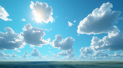 A serene midday scene showcasing a vibrant blue sky with fluffy clouds, perfect for designs related to travel promotions, relaxation retreats, or outdoor events.