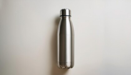 Stylish stainless steel water bottle on a minimalist background.