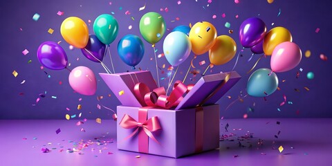 Purple Gift Box Surprise Balloons, Confetti, 3D Render, Celebration, Party 3D rendering, gift box