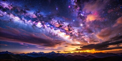 Obraz premium High-Angle View Milky Way over Mountain Range at Sunset, Purple and Orange Hues, Starry Night Sky, Astrophotography Astrophotography, Landscape, Milky Way