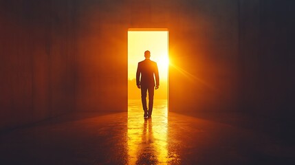 Obraz premium Businessman walking through doorway at sunrise motivational concept