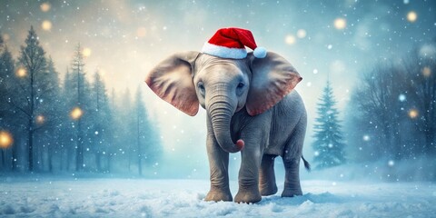 Front View Composition Baby Elephant in Santa Hat, Winter Wonderland, Christmas Concept. Digital Art, Snow, Festive Christmas Elephant, Winter Scene, Holiday Animal