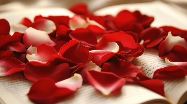 Petals of thought Concept. A beautiful arrangement of red rose petals scattered on an open book, creating a romantic and serene atmosphere.