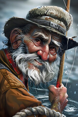 Obraz premium Elderly Fisherman with Hat by the Waterside Art