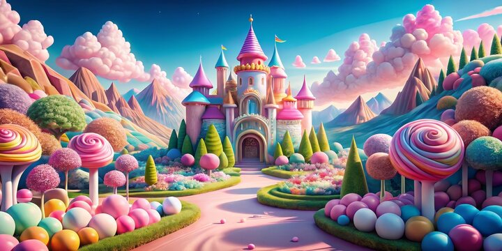 Candy Castle A Whimsical Digital Landscape with Pastel Tones and Lollipop Trees