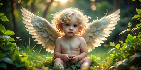 Fototapeta premium Angelic Child Front View Composition, Feathered Wings, Nature Setting, Innocence, Fantasy Angel, Baby, Wings