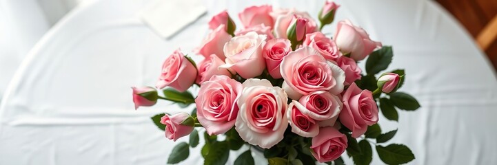 Fototapeta premium A vase filled with freshly picked Blossoming Grace roses is placed on a white tablecloth showcasing the beauty of the roses in a simple setting, tablecloth, vase