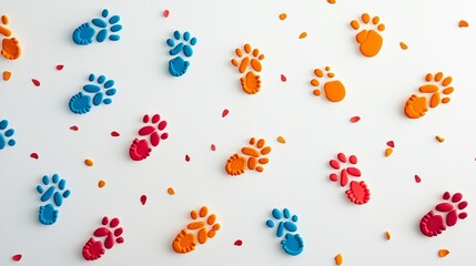 Animal footprints in neon colors, playful arrangement on white