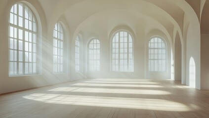 Obraz premium Sunlit Hallway Interior Design: Minimalist Architecture with Large Windows