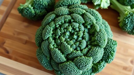 A broccoli crown with tightly packed florets arranged in a spiral pattern on a wooden cutting board, green, spiral