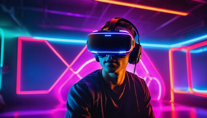 Virtual reality gaming experience, person wearing VR headset, immersive environment, neon colors