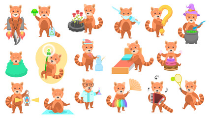 Big Set Abstract Collection Flat Cartoon Different Animal Red Pandas Vector Design Style Elements Fauna Wild
