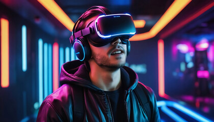 Virtual reality gaming experience, person wearing VR headset, immersive environment, neon colors