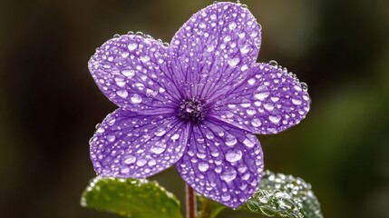 A lone violet flower with dew-covered petals, each droplet sparkling like jewels, focused on the organic beauty of nature