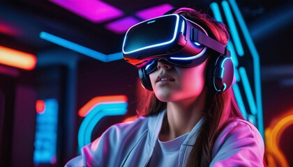 Virtual reality gaming experience, person wearing VR headset, immersive environment, neon colors