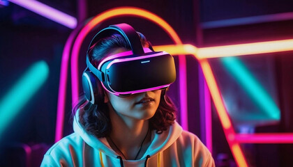 Virtual reality gaming experience, person wearing VR headset, immersive environment, neon colors