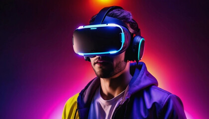 Virtual reality gaming experience, person wearing VR headset, immersive environment, neon colors