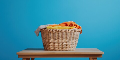 Laundry Basket with Colorful Clothes on a Wooden Table against a Blue Background