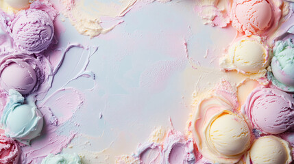 ice cream laid out on a light pastel surface, free space for text