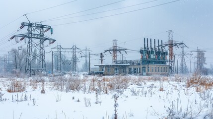 Snowy power substation landscape. Shows electricity infrastructure in winter; ideal for energy, power, and climate themes.