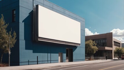 Large blank billboard on a modern building's exterior with clear blue sky and sunlight in an urban setting.