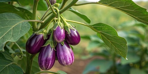 A cluster of juicy ripe purple eggplants bunch together on the bush's stem surrounded by lush green leaves, ripe eggplant, garden foliage, purple eggplant