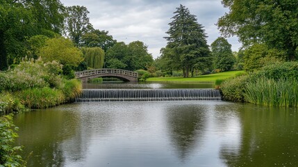 Waterfall long exposure with maple trees and bridge in Kyoto Japanese green Garden in Holland Park green summer zen lake pond water in London,