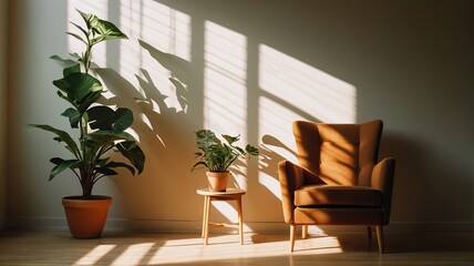 Fototapeta premium Sunlight casting shadows across a cozy chair and plant in a minimalist room during.