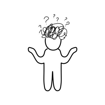 recommend clip art: Confused person handdrawn illustration. Hand drawn confusion concept. People with anxiety touch head surrounded by think Mental disorder and chaos in consciousness, finding answers. vector 